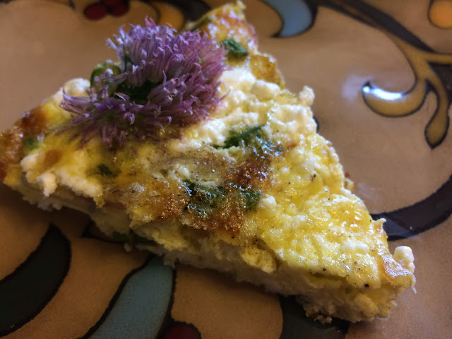 chive blossom flower frittata with asparagus radishes and goat cheese