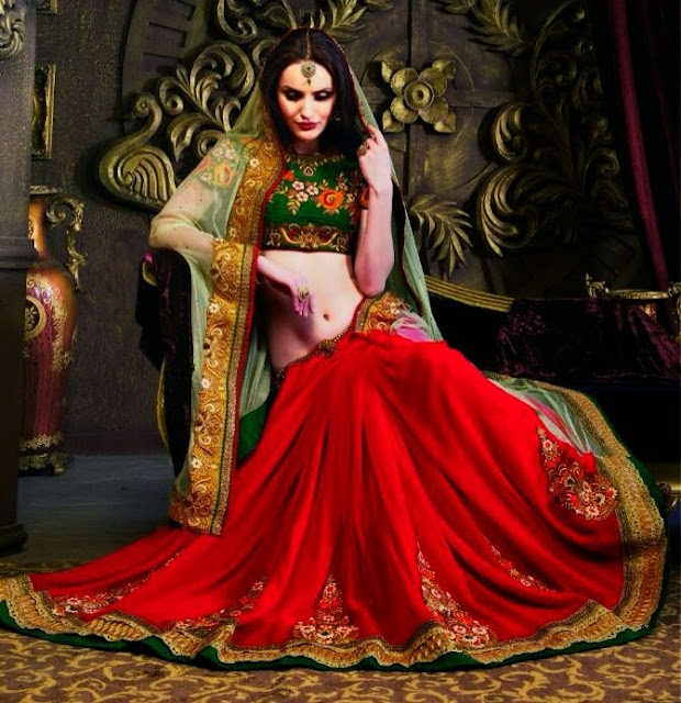  Red & Green Best Designer Lehenga Sarees  With The Beautiful Soft Net Pallu & Resham Embrodery Blouse 