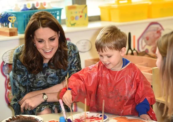 Kate Middleton wore HOBBS London Gianna coat and wore Seraphine Florrie Floral Print Maternity Dress, Jimmy Choo Georgia pumps, sapphire and diamond earrings at Place2Be event