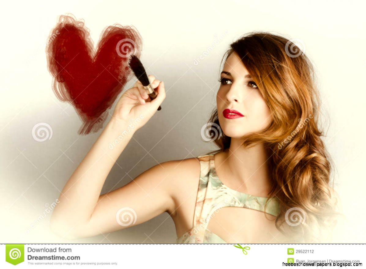 Beautiful Retro Girl Painting Red Love Heart Stock Photography
