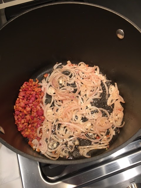Campanelle pasta with pancetta, peas and aspargus recipe
