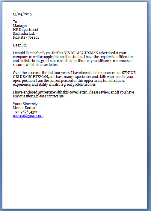 Cover Letter For Resume Hr Fresher