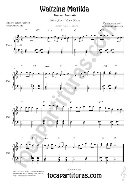 Waltzing Matilda Partitura de Piano en Do Mayor Easy sheet music for piano 