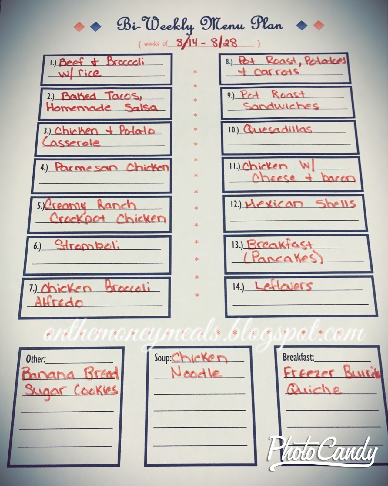 BiWeekly Menu Plan and a Free Printable!