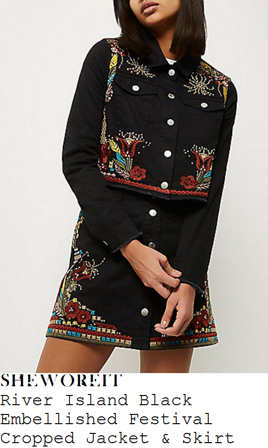 ashley-james-river-island-black-and-multicoloured-embroidered-embellished-cropped-jacket-and-button-up-a-line-skirt