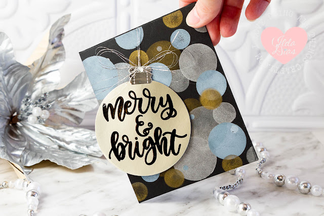 Merry and Bright Suspended Swing Ornament Card on a Bokeh Background ft MFT's Handwritten Holiday Stamps
