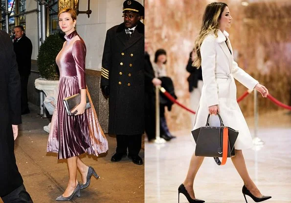 Queen Rania and Ivanka Trump wore satin velvet dress, Rania wore coat, Fendi bags, clutch bag