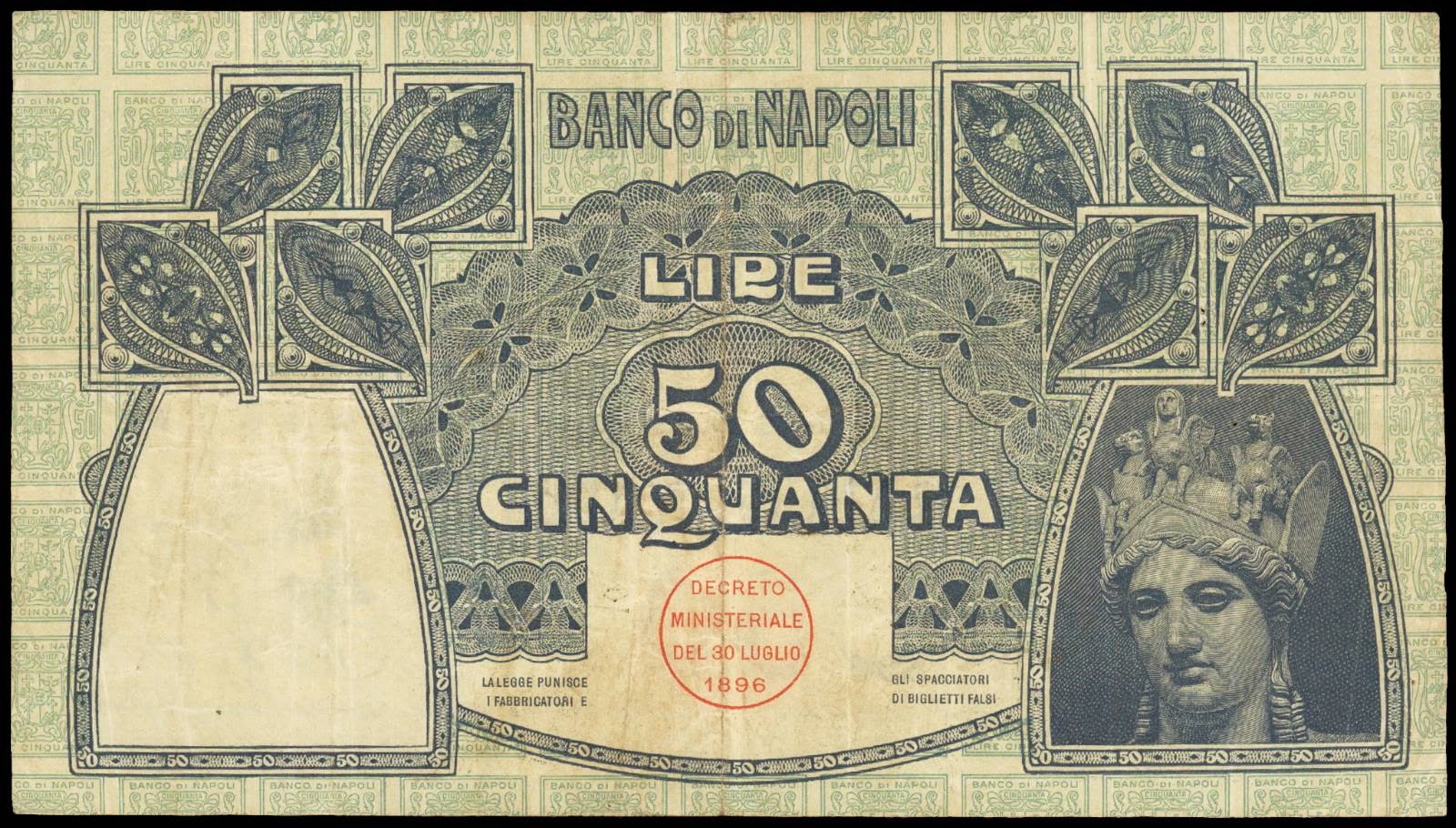 Italy 50 Lire banknote 1911 Banco di Napoli