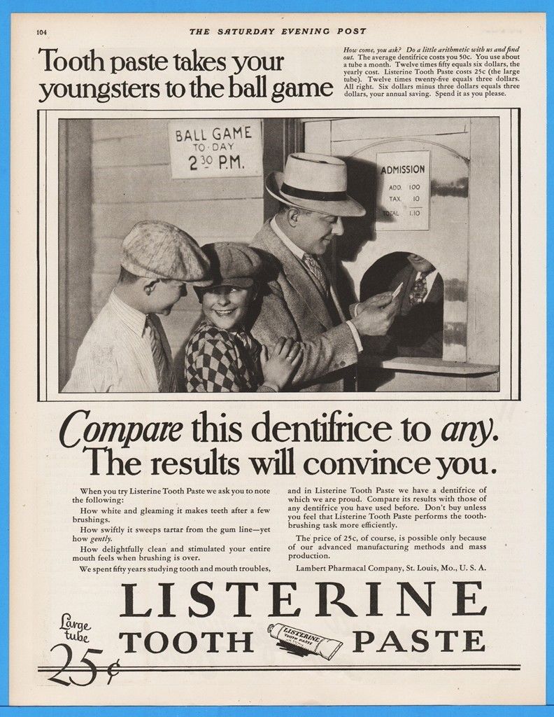 1928 LISTERINE Toothpaste Magazine Ad BASEBALL GAME Old
