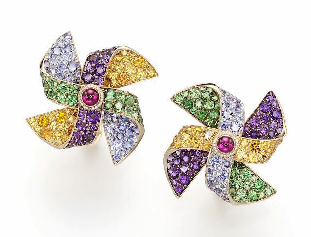 Suzanne Syz Girouettes earrings: ruby, tsavorite, tanzanite, orange sapphire, pink tourmaline, amethyst and diamonds set in rose gold