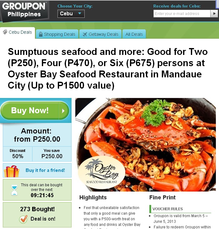 "Tripping Lang Ni iKib" Groupon Deal Oyster Bay Seafoods Restaurant