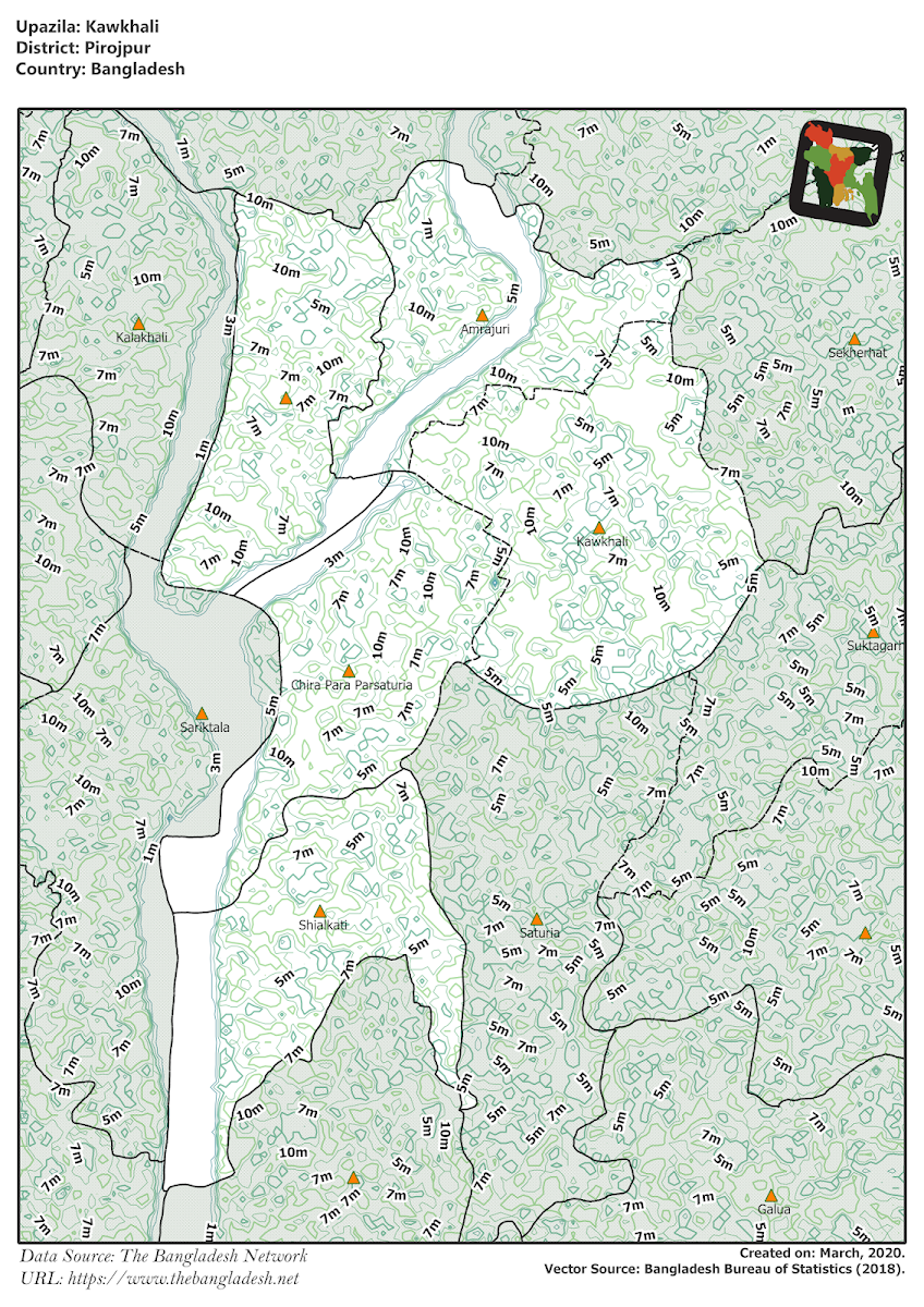 Kawkhali Upazila Elevation Map Pirojpur District Bangladesh