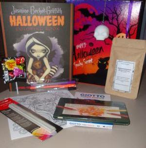 Contenu box octobre halloween Inkybox Spooky Sunset matériel de coloriage pour adulte