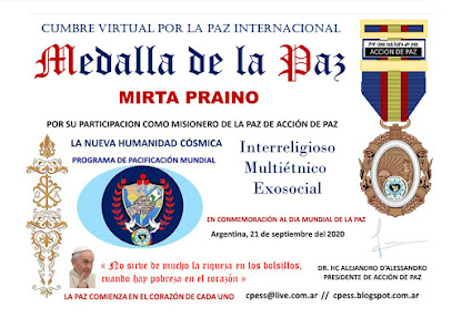 Otorgan Medalla de la Paz - Cumbre Virtual por la Paz Internacional