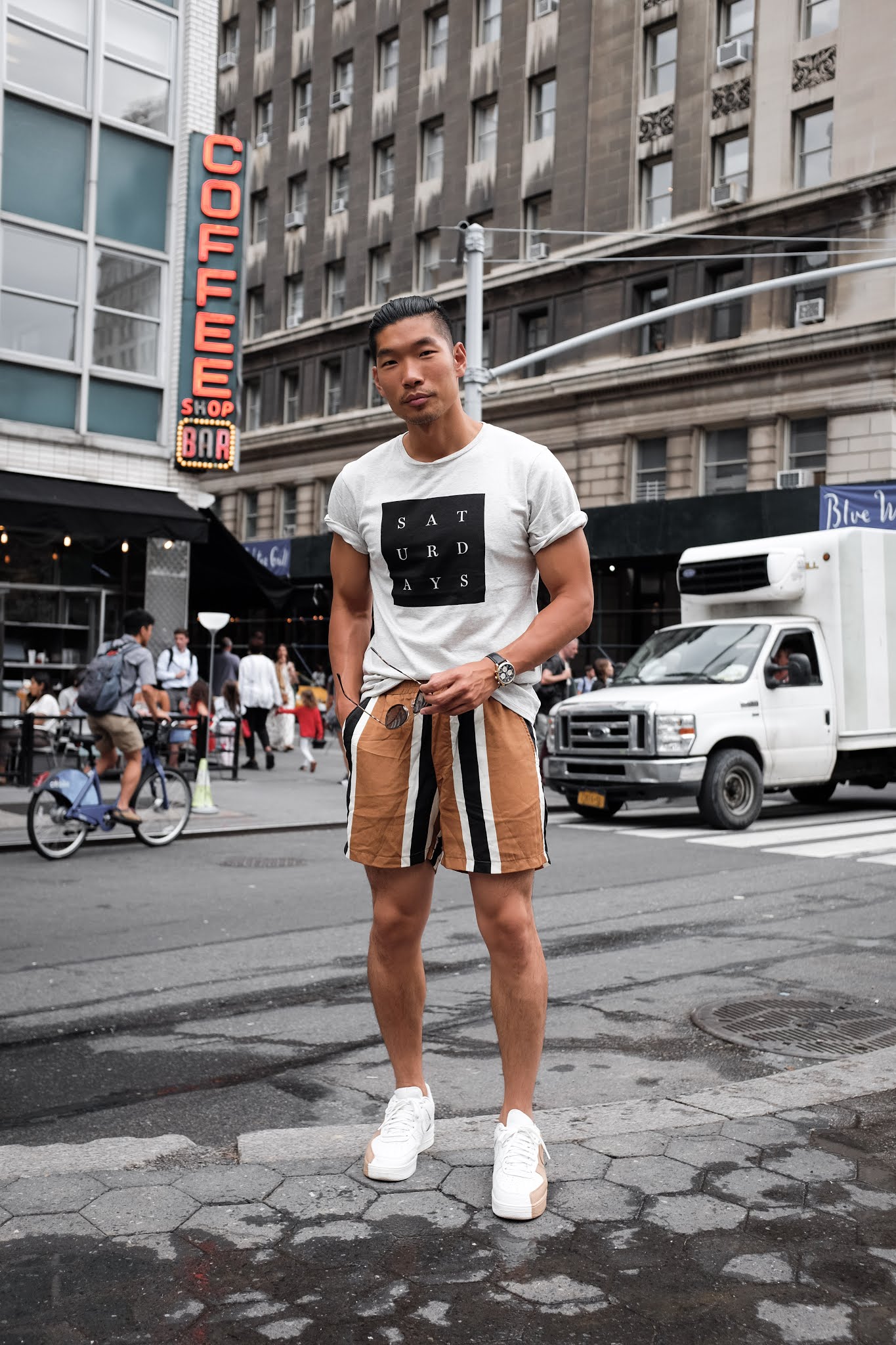 Wearing Saturday's Logo T-Shirt, Bold Stripe ASOS Shorts, Nike Air Force 1 Split | Asian Male Model and Blogger