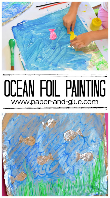 Ocean Foil Painting- make a beautiful sparkling ocean scene with this summer process art.  Fun project for preschool, kindergarten, or elementary.