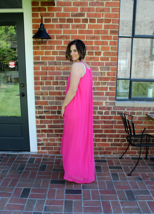 pink maxi dress, espadrille wedges, pretty in pink