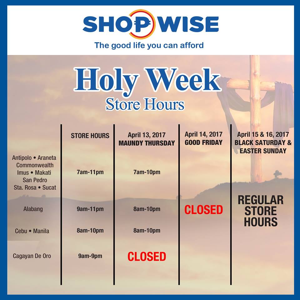Manila Shopper Holy Week / Lenten 2017 Schedule of Malls, Supermarkets