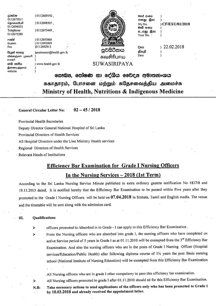 Efficency Bar Examination for Grade I Nursing Officers in the Nursing