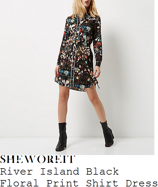 ashley-roberts-river-island-black-white-and-multicoloured-wallpaper-floral-print-long-sleeve-contrast-piping-trim-detail-collared-tie-waist-shirt-dress