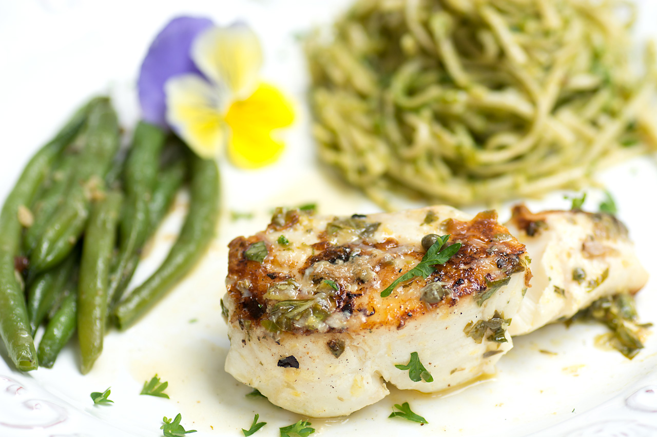 Savoring Time in the Kitchen Grilled Halibut and Kale Pesto Pasta.