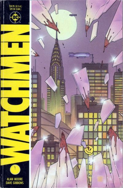 *KSHSHSHSHHHHH* ’Watchmen' book cover of city skyline with lit windows against purple sky with full pale moon seen through bloodied, jagged glass of broken window