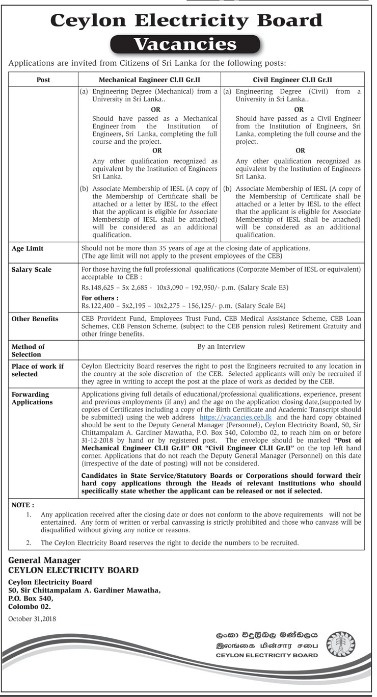 Job Vacancies Vacancies at Ceylon Electricity Board