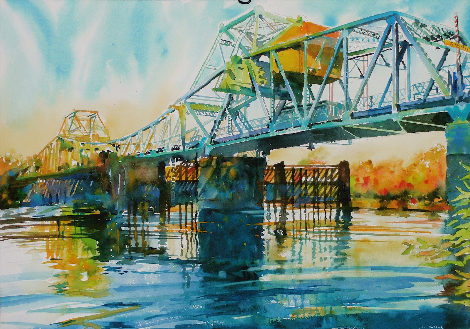 David Lobenberg Two Bridges Just "Built" In Watercolor