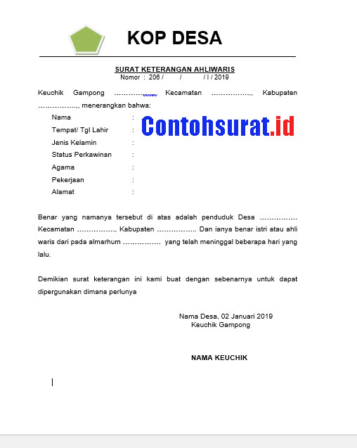 Harta Warisan Contoh Surat Keterangan Ahli Waris Doc