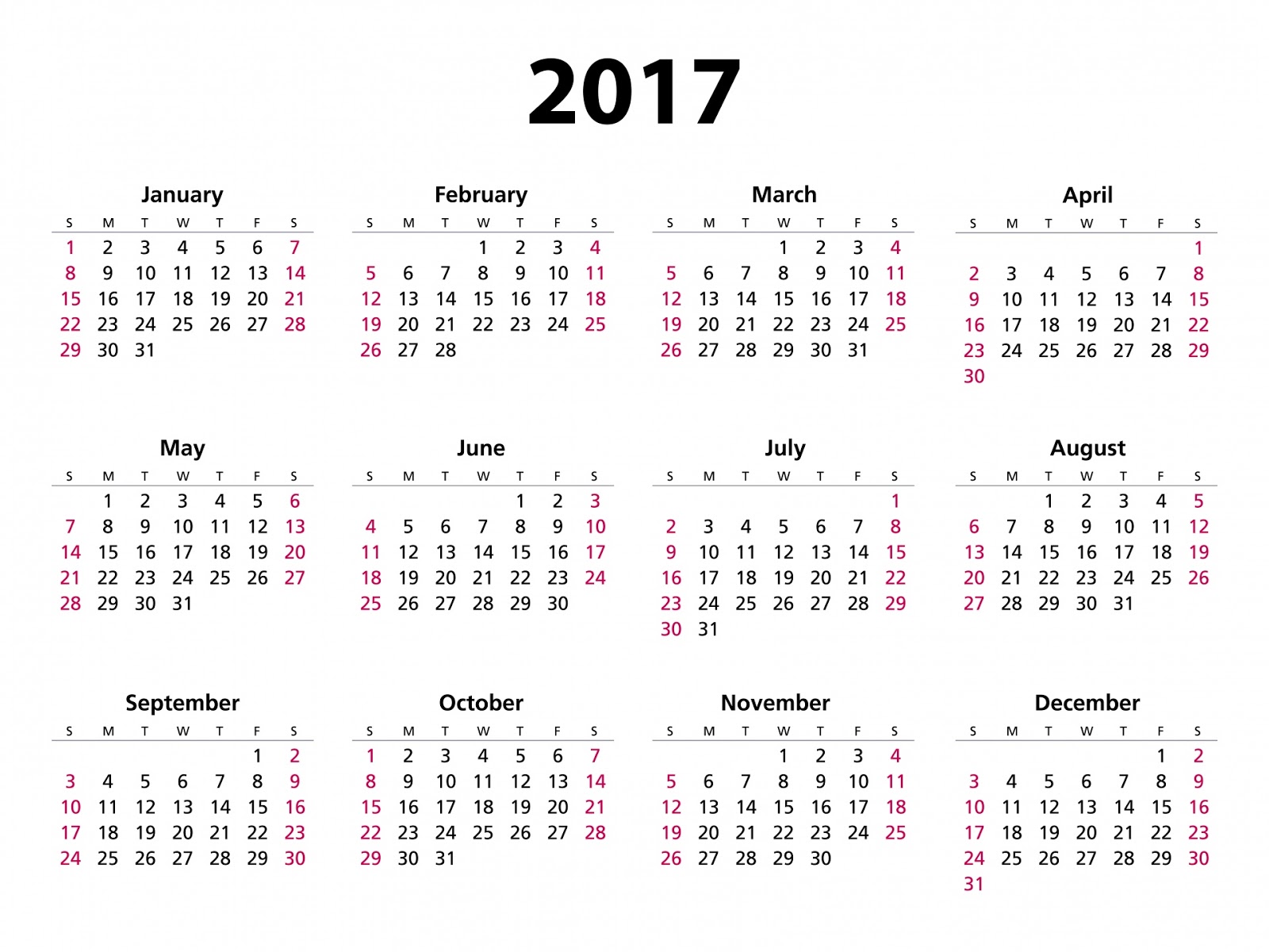 Yearly Calendar 2017