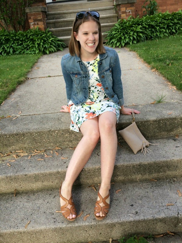 Dressing for a Wedding | Something Good, gap dress, floral dress, tan wedges, jean jacket, american eagle outfitters jacket, raybans