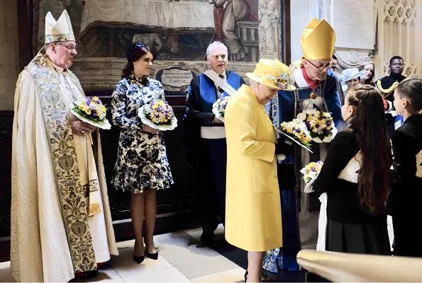 Queen Elizabeth II accompanied by Princess Eugenie of York, attended the Royal Maundy Service. Erdem Bernette floral print silk dress