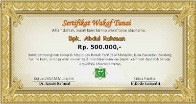 Contoh Sertifikat Wakaf Tunai Masjid Al Muhajirin Bandung