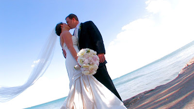 Romantic Couple Wedding on beach with blue sky