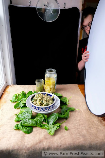 behind the scenes taking the new photos of Chicken Spinach Artichoke Pesto Pasta