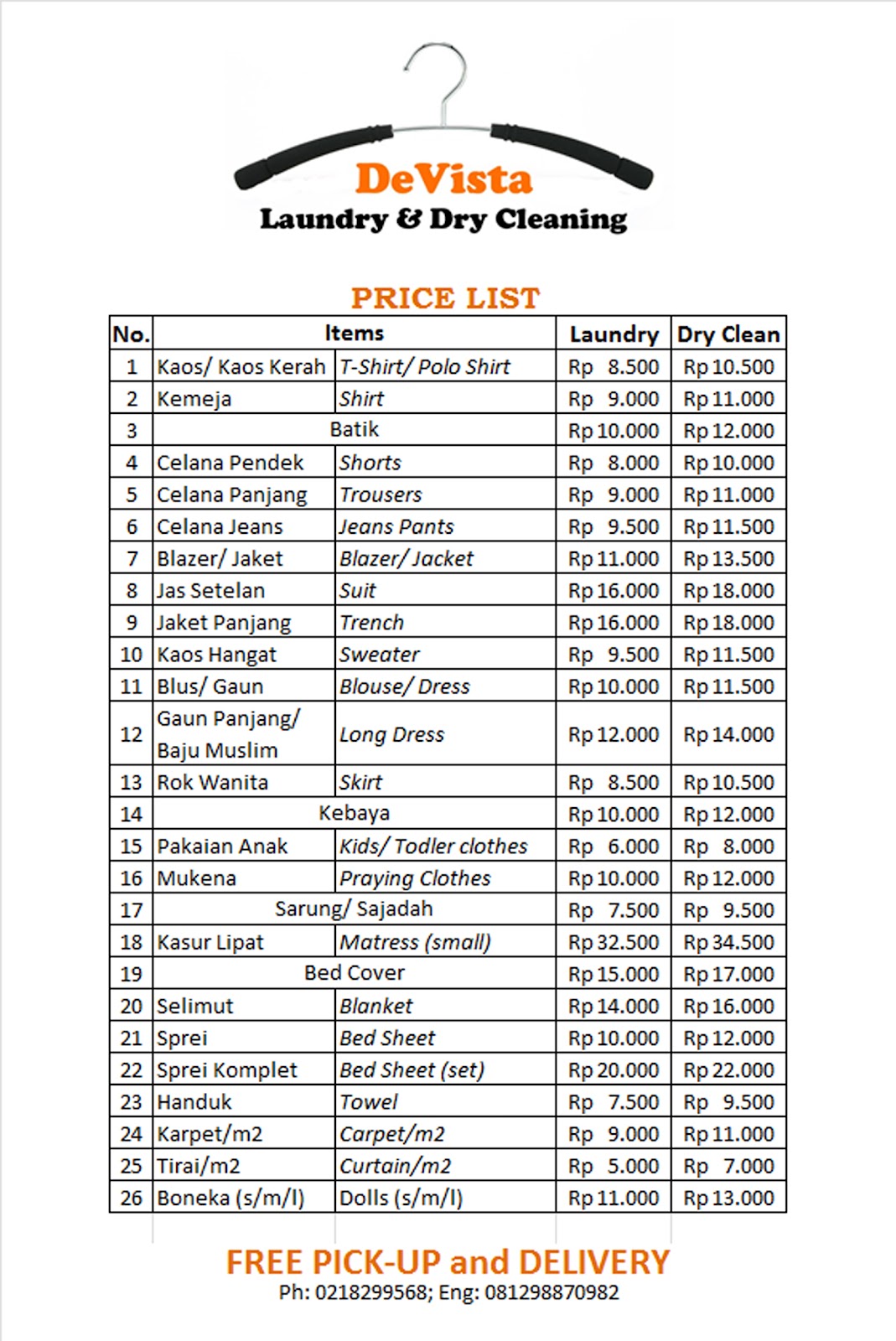 Laundry and Dry Clean at Rasuna: Laundry and Dry Clean Price List