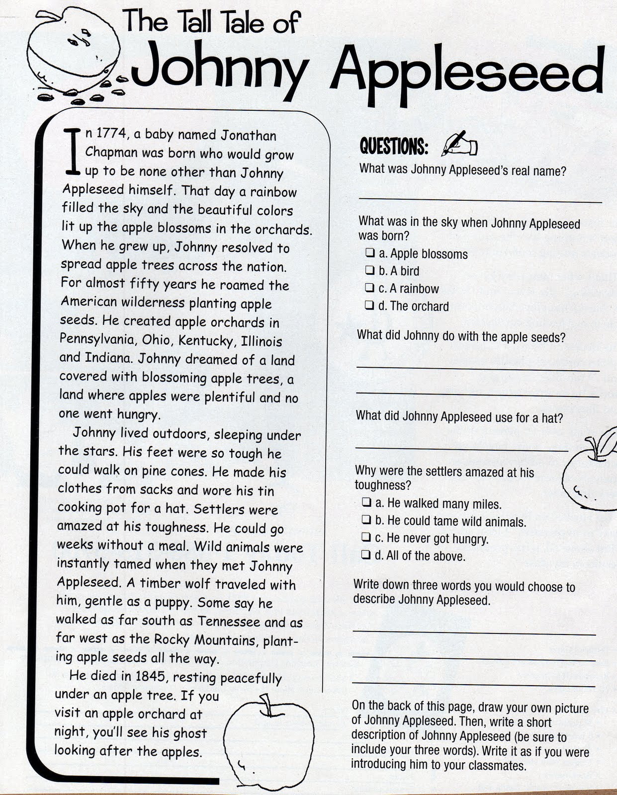 Printable Johnny Appleseed Story Printable Johnny Appleseed Story