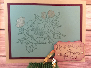 This blue & purple birthday card uses Stampin' Up!'s Birthday Blooms stamp set from the 2016 Occasions Catalog and the new Wink of Stella (Gold)!  www.stampwithjennifer.blogspot.com 