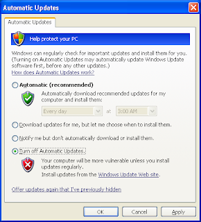 Tampilan Pengaturan Windows Update pada Windows XP