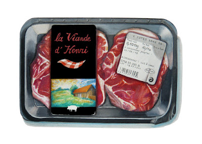 Dessin de l'artiste 1011 de la série "Pouvoir d'achat" barquette avec l'étiquette "viande d'henri)