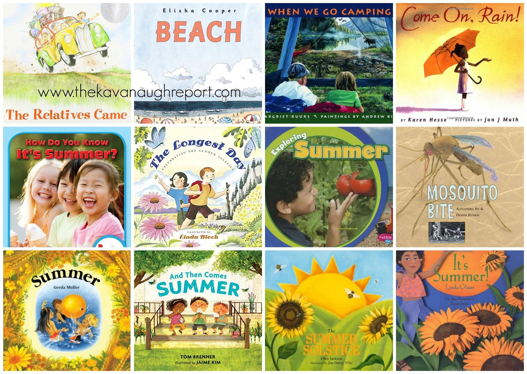 A collage of children's books celebrating and teaching about the summer season.