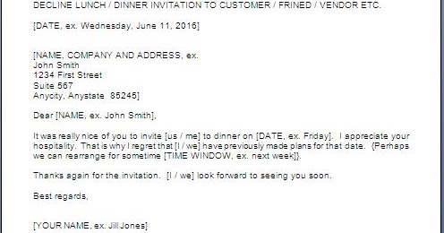 declining dinner invitation letter
