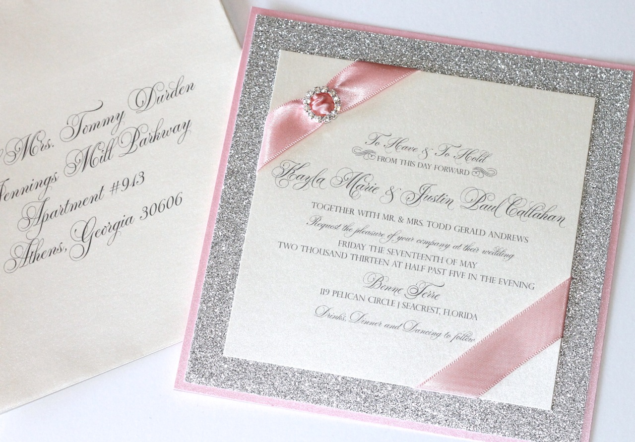 Gorgeous Silver Glitter, Pink and Ivory Luxe Wedding Invitation Set