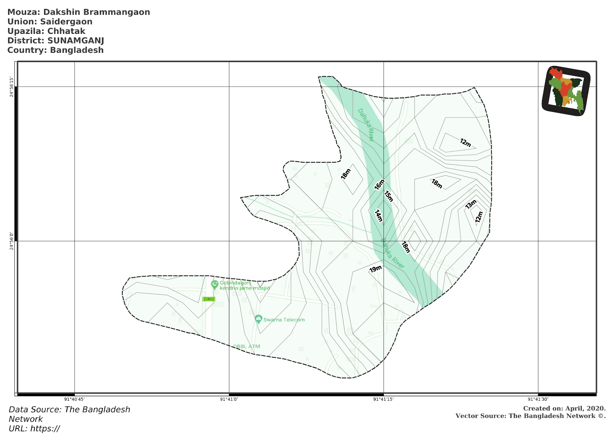 Map of Dakshin Brammangaon Mouza of Chhatak Upazila, SUNAMGANJ, Bangladesh.