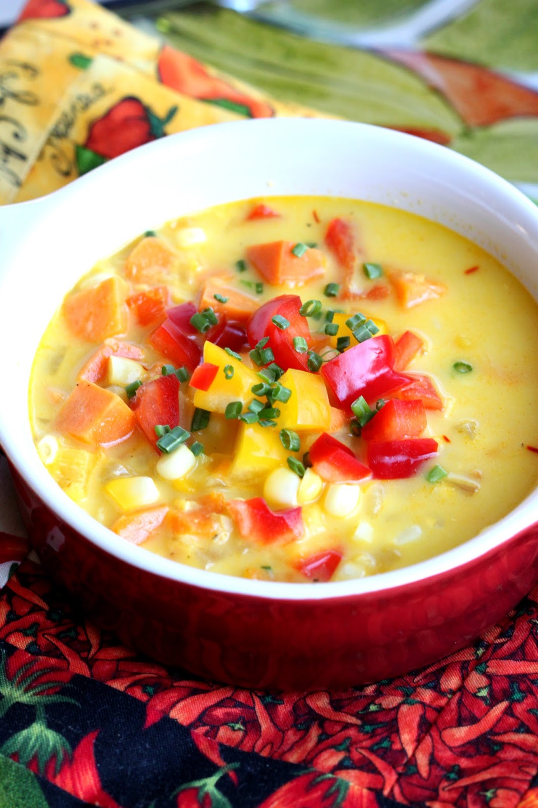Corn and Sweet Potato Chowder with Saffron Cream (SoupSwapParty)