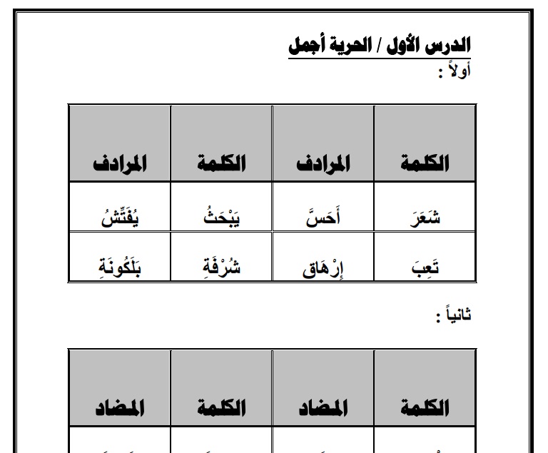 قاموس اللغة العربية للصف الثاني الابتدائي