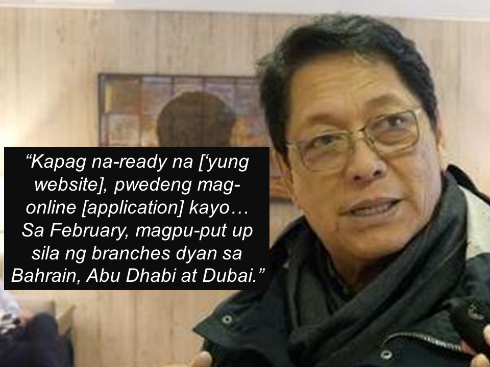 Since the opening of the Overseas Filipino Workers Bank in its offices at the Liwasang Bonifacio in Manila, questions from OFWs on how to open an account has been flooding threads and forums.  The Filipino Times, an online publication based in the UAE had a phone interview with Labor Secretary Silvestre Bello  III and he explained how interested OFW can open their accounts and do transactions with OFW Bank.     Secretary Bello said that the process and requirements if any OFWs would want to open an account are the same as the usual requirements with other banks. All you need to do for the meantime is to visit the OFW Bank office, bring the needed requirements and choose whther you want to open  savings or checking account.  He also said that OFW will eventually be able to apply through their website once its finally up ang operational, making transactions easier and more convenient.  The OFW Bank will also open their overseas branches very soon and once it become readily available, OFWs from abroad can also do transactions directly in the convenience of their host country.  In February, as Bello said, there will be available OFW bank branches in Bahrain, Abu Dhabi and Dubai.       Bello said that they are planning to extend the bank’s services to the dependents and beneficiaries of the OFWs, but as of now, it is exclusive and limited to be availed by OFWs only.      Sponsored Links        Dollar remittances  will also be accepted and to do it, OFWs do not necessarily need to open an account. They can send their remittances and enjoy lower cost but Bello reiterated that heir plan is to make OFW remittances free of charge when done with the OFW bank. However, since overseas branches are not yet opened, the banks international services such as sending remittances are not yet available.    Read More:  Comparison Of Savings  Account In The Philippines:  Initial Deposit, Maintaining  Balance And Interest Rates  Per Annum   Mortgage Loan: What You Need To Know    Passport on Wheels (POW) of DFA Starts With 4 Buses To Process 2000 Applicants Daily    Did You Apply for OFW ID and Did You Receive This Email?    Jobs Abroad Bound For Korea For As Much As P60k Salary    Command Center For OFWs To Be Established Soon   ©2018 THOUGHTSKOTO  www.jbsolis.com   SEARCH JBSOLIS, TYPE KEYWORDS and TITLE OF ARTICLE at the box below