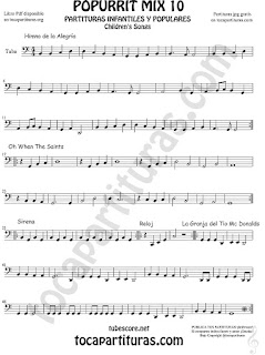  Mix 10 Partitura de Tuba Elicón (o Bajo Metal) Himno de la Alegría. Oh When the Saints, Sirena, Reloj y La Granja del Tio Gilito Popurrí Mix 10 Sheet Music for Tuba Music Scores 