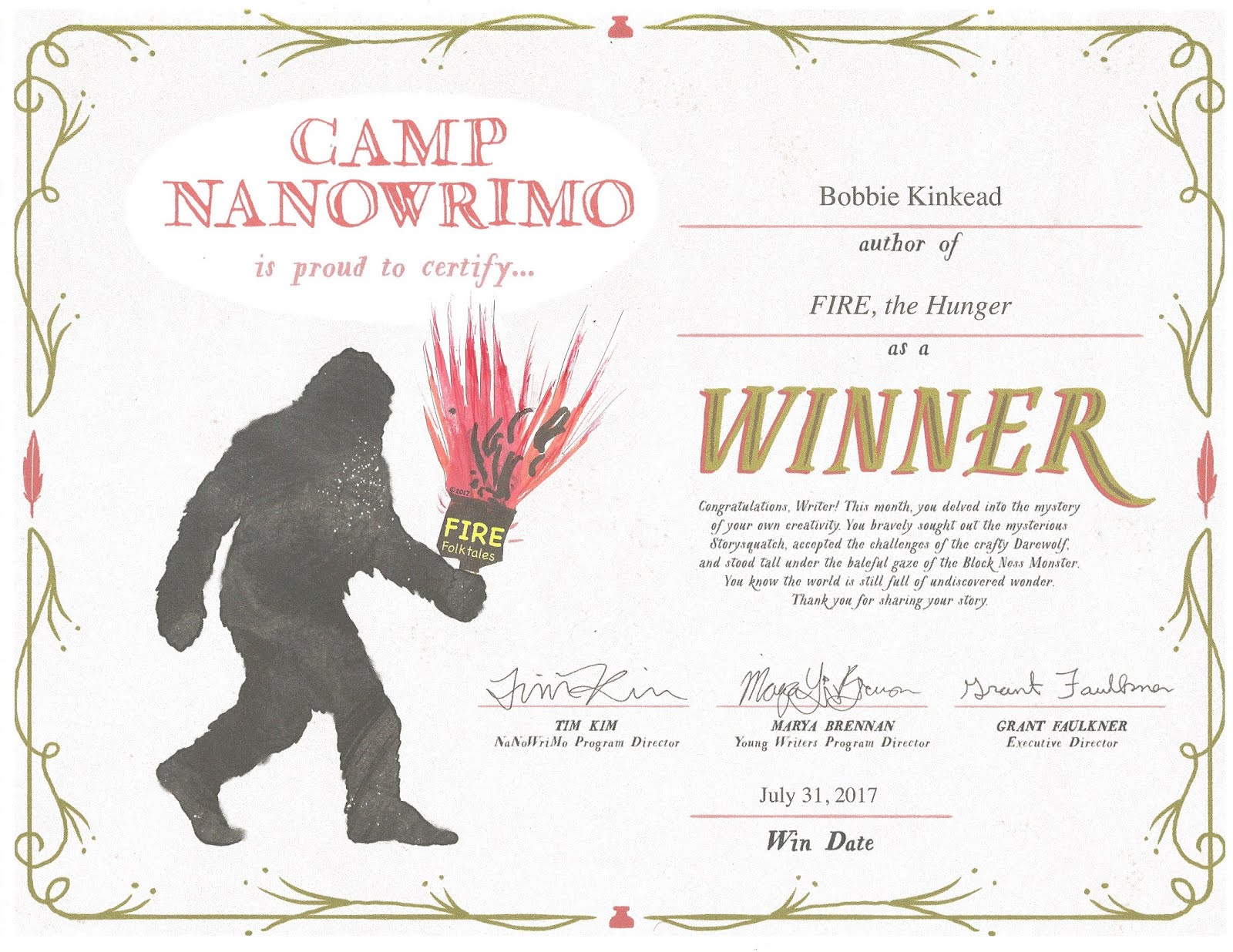 Winner NaNoWri CAMP July 2017