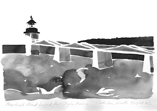 Marshall Point Light, Port Clyde Maine, original monochrome watercolor  by Catinka Knoth, 2009